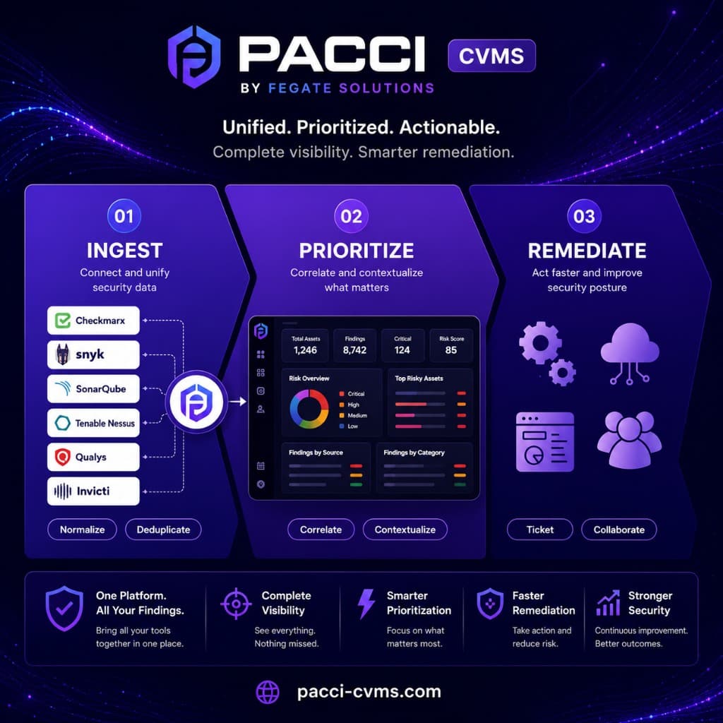 PACCI CVMS workflow: Ingest security data from Checkmarx, Snyk, SonarQube, and other tools; Prioritize with risk dashboards and contextual metrics; Remediate through tickets and collaboration. One platform for complete visibility, smarter prioritization, and faster remediation.